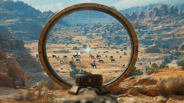View through a rifle scope targeting a herd of animals in a mountainous landscape.