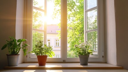 Fototapeta premium Sunlight Streaming Through a Window with Plants and Flowers