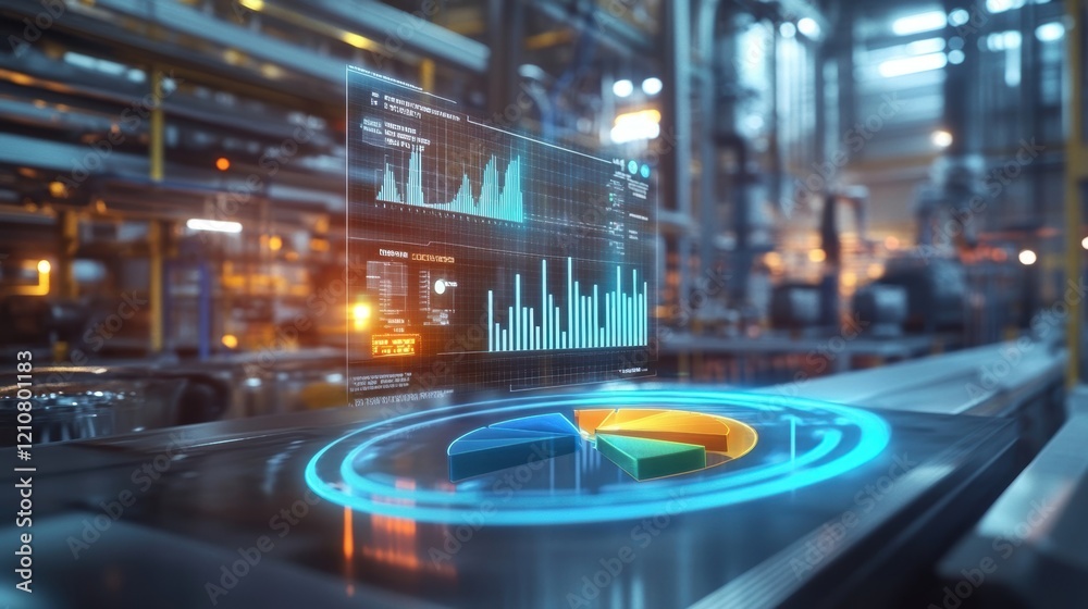 Poster futuristic interface displaying charts, graphs, and data analysis within a modern factory environmen