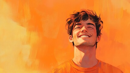 realistic portrait of young man in orange background, cheerful and bright, high detail, inviting and warm atmosphere