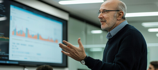Senior Financial Officer Leading Strategic Business Meeting in Modern Office Setting