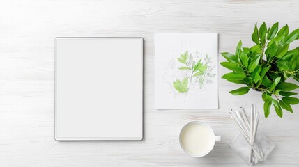 Flatlay White table, tablet, drawing, plant, pencils, milk.  Perfect for blog, website, or social media