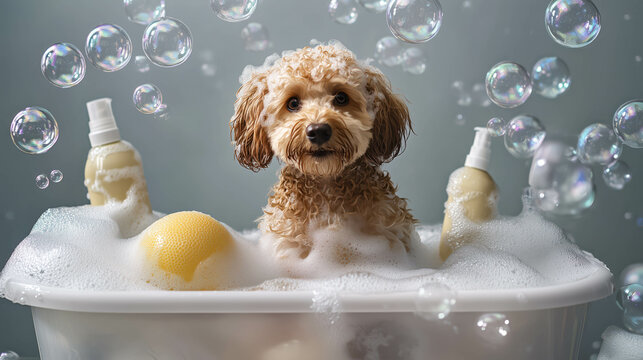 Cavaco (Cavalier King Charles Spaniel and Poodle mix) sitting in bubbly bath surrounded by soap bubbles, grooming products, yellow sponge. soft, neutral tones with reflective soap bubble highlights.