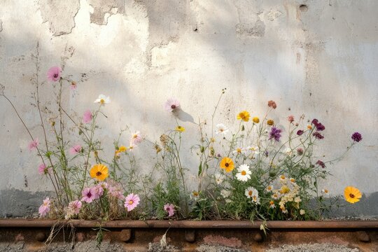 Wildflowers blooming in vibrant colors along a weathered, rusty railroad track against a textured wall.