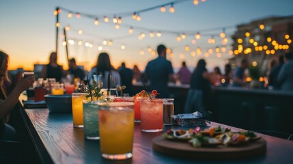 Stylish Rooftop Bar Ambiance with Colorful Cocktails Under Fairy Lights for Summer Gatherings