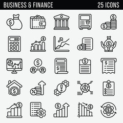 Finances, audit, accounting, taxes editable stroke outline icons set isolated on white background flat vector illustration.