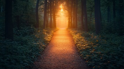 Fototapeta premium Sunlit path through a misty forest at dawn.