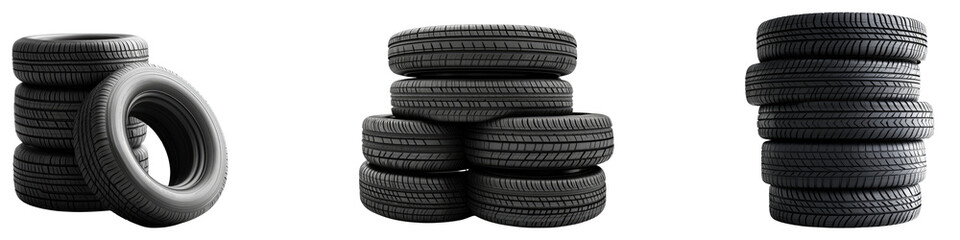 Tower of tires isolated on transparent background, PNG, Set of