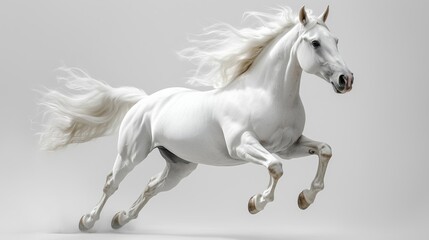 Fototapeta premium Majestic White Horse Captured in Dynamic Gallop Position