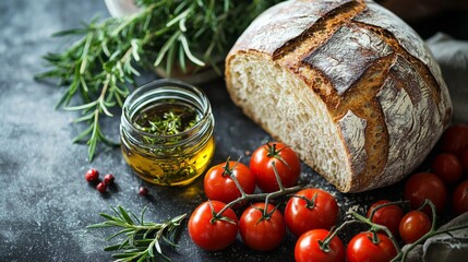 Rustic table setting with rye bread olive oil tomatoes