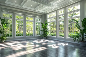 A bright, airy sunroom boasts expansive windows showcasing a lush green garden view, hardwood floors gleaming under natural light.
