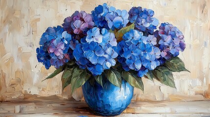 Oil painting of blue hydrangeas in a blue vase.