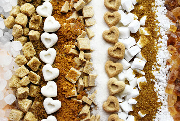 Mix of sugar varieties: unbleached, brown and white, refined and unrefined, granulated and cubes