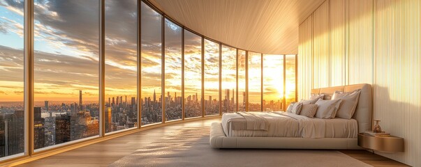 A lofty bedroom with a panoramic view of an urban skyline, framed by floor-to-ceiling windows