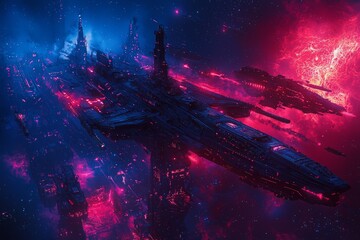 Obraz premium A colossal, dark spaceship dominates a vibrant, neon-lit space battle scene.