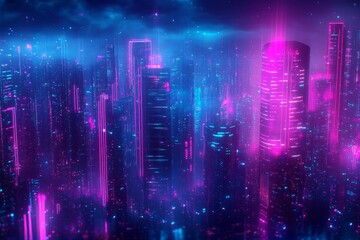 cityscape at night, awash in neon pink and blue hues.  Towering skyscrapers pierce a smoky, futuristic sky.