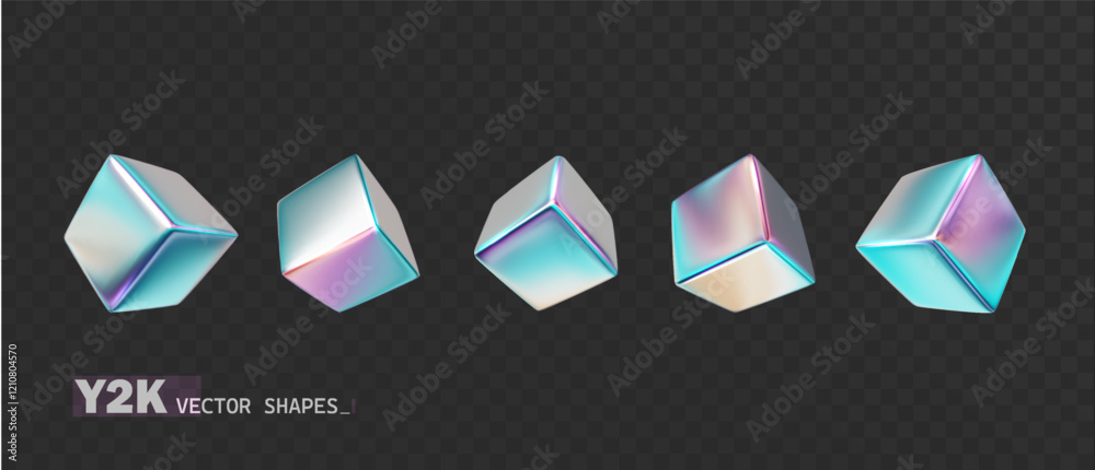 Canvas Prints holographic cubes set with iridescent chrome effect. y2k metallic shape realistic collection.