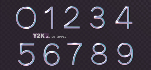 Holographic number. Realistic 3d numbers from zero to nine Y2k modern futuristic design aesthetics design vector set.