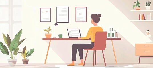 Fototapeta premium Remote Work Setup: Young Executive in a Cozy Minimalist Home Office with Plants and Modern Art