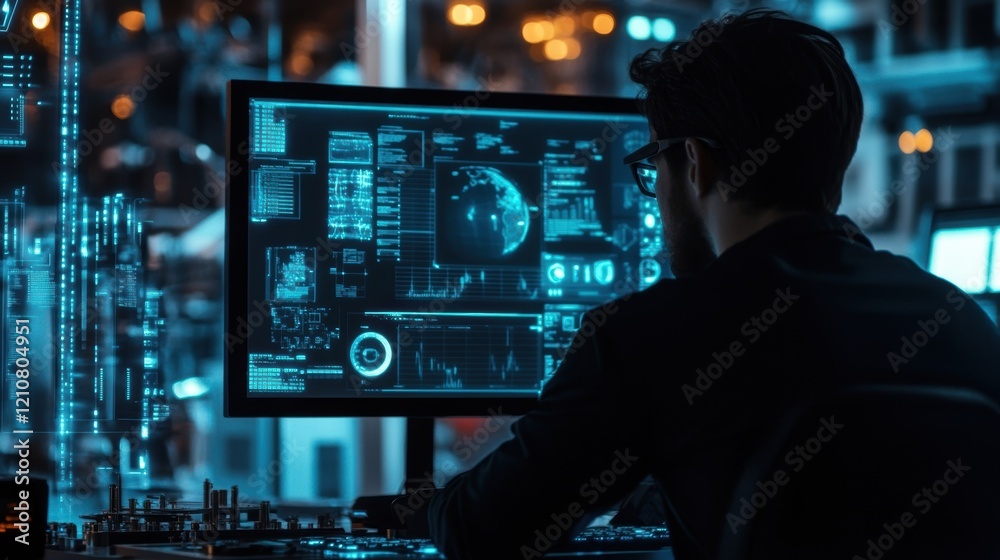 Poster software developer is working at night on a computer with a futuristic interface showing a globe, ch