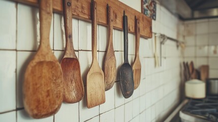 Rustic wooden cooking spoons hanging on kitchen wall.