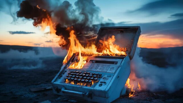 Burning Cash Register at Sunset with Intense Flames and Smoke