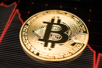 Golden Bitcoin Coin on Futuristic Digital Technology Background