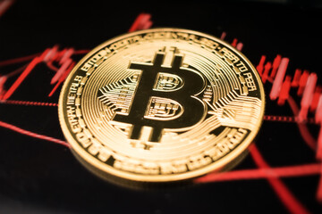 Golden Bitcoin Coin on Futuristic Digital Technology Background