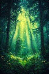 Obraz premium Sunbeams pierce through a dense canopy of green trees in this forest.