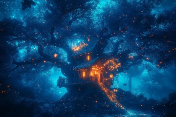 A magical treehouse nestled within a majestic oak tree glows with warm light against a backdrop of a dark, starlit forest.