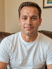 Obraz premium Retrato de un hombre blanco de pie en el interior de una casa vistiendo una camiseta blanca casual 