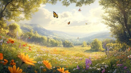 Scenic view of a meadow with wildflowers and butterflies, bright sunlight, peaceful and inviting, highly detailed, calm and natural, warm and vibrant, tranquil and beautiful atmosphere