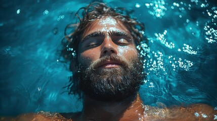 Relaxing man floating in a serene pool with water glistening on his face during a sunny day