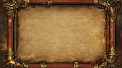 Ornate scroll frame, parchment texture, fantasy background, game design template