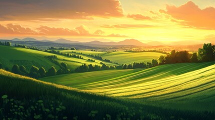 Fototapeta premium Scenic view of rolling hills and green fields at sunset, peaceful and inviting, highly detailed, calm and natural, warm and idyllic, tranquil and beautiful atmosphere