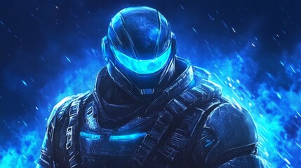 sci-fi soldier in futuristic armor, vibrant blue lights, cyberpunk aesthetic, dynamic and detailed, bold and intense atmosphere