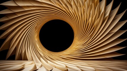 Abstract golden swirl tunnel, dark background, 3D render, design element