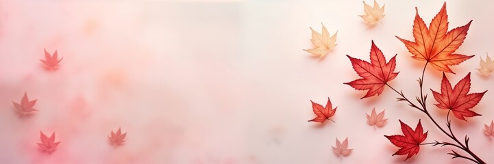 Naklejka premium Autumnal composition. Delicate autumn leaves in various shades of red, beige rest on light pink handmade mulberry paper background. Soft focus, gentle hues suggest tranquil fall scene. Leaves