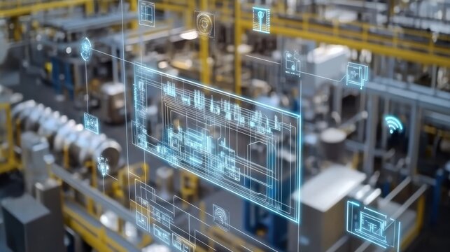 Futuristic monitoring system analyzing data and optimizing production processes in a smart factory, showcasing automation, digitalization, and industry 4.0 technologies