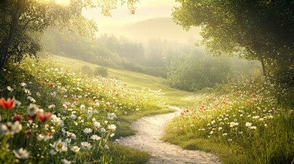 Naklejka premium Serene countryside landscape with a winding path through wildflowers, bright sunlight, peaceful and inviting, highly detailed, calm and natural, warm and idyllic, tranquil and beautiful atmosphere