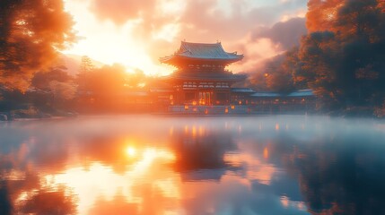 Fototapeta premium Serene Sunset Temple Reflecting in Calm Water