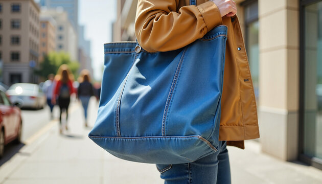 Young Latina woman proudly carries denim tote bag in urban setting, sustainability
