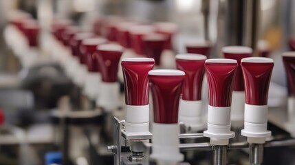 Fototapeta premium Industrial machines filling tubes with skincare lotion.