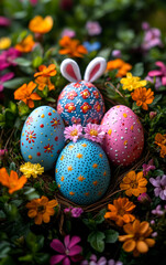Colorful Easter eggs nestled in flowers. Decorative Easter eggs in vibrant colors rest among bright flowers, creating a festive spring display.