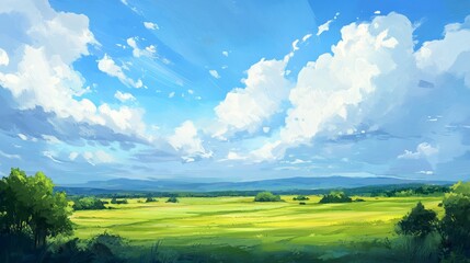 Serene landscape of open green fields under bright blue skies, fluffy clouds, peaceful and calming, natural beauty, high-resolution digital painting, tranquil environment