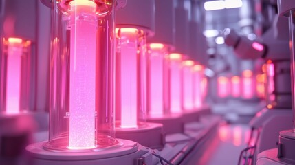 A futuristic laboratory scene with glowing pink bioreactors, showcasing advanced biotechnology for DNA modification and genome research.