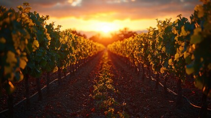 Sunset over vineyard rows highlights lush grapevines and golden light during harvest season