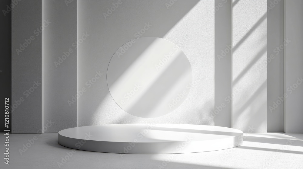 Fototapete geometric 3d white round podium set with light and shadow contrast, creating an abstract minimalist 