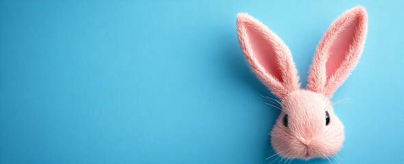 Obraz premium Pink bunny ears on blue bg. A pair of fluffy pink bunny ears peeking from the edge against a vibrant blue backdrop, creating a playful contrast.
