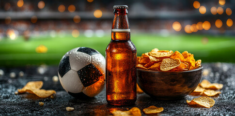 Snacks and drinks at soccer!. Snacks and drinks are set on a table as spectators enjoy a soccer match at the stadium under bright lights.